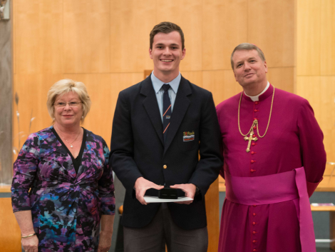 Zach Fortini with Sue Walsh and Bishop Anthony Fisher OP